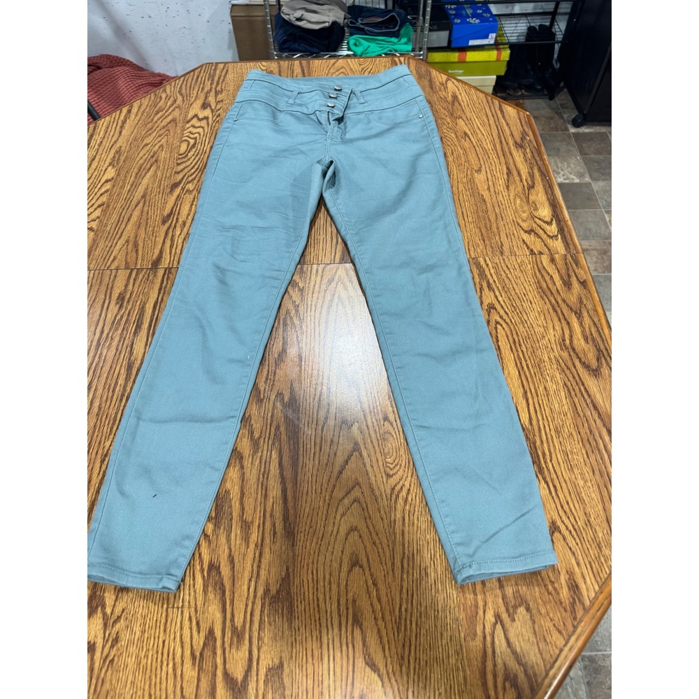 Refuge Womens High Waisted Skinny Pants Sage Green Triple‎ Button Size 8